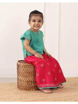 Fabindia - Pink/Green Cotton Silk Blend Hand Block Lehenga Set