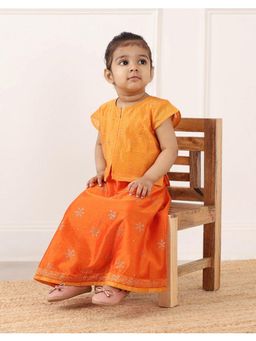 Fabindia - Orange Cotton Silk Blend Hand Block Lehenga and Choli