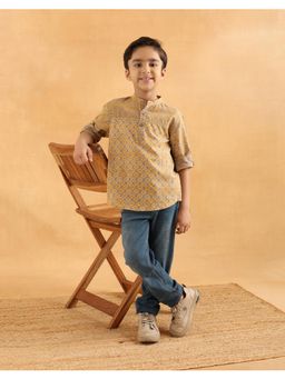 Fabindia - Yellow/Grey Cotton Printed Short Kurta