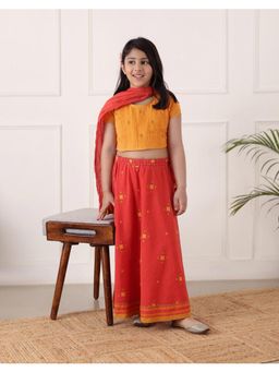 Fabindia - Coral /Yellow Cotton Dobby Lehenga with Choli and Dupatta