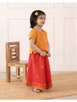 Fabindia - Coral /Yellow Cotton Dobby Lehenga and Choli