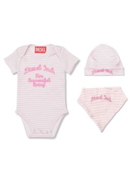 Diesel - Baby Girls Pink Stripped Logo-Print Bodysuit with Cap and Bib
