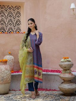 Gahan - Cotton Stripes Printed Navy Blue Kurta Pant & Contrast Color Organza Dupatta (Set of 3)