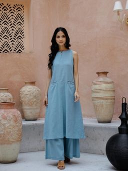 Gahan - Cotton Solid-Plain Minimalist Embroidered with Blue Kurta & Palazzo (Set of 2)