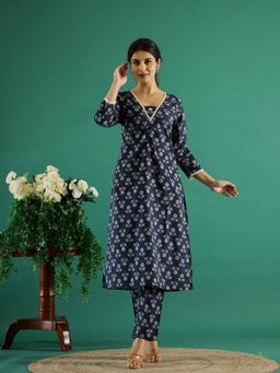 Gahan - Cotton Lace Embellished Floral Printed Navy Blue Kurta & Printed Pant (Set of 2)