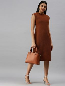 SHOWOFFFF - Women Brown Solid Round Neck Dress