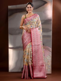 CHARUKRITI - Beige Organza Zari Handwoven Saree with Unstitched Blouse
