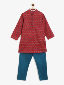 Campana - Boys Mehul Kurta Pyjama Festive Block print Red (Set of 2)