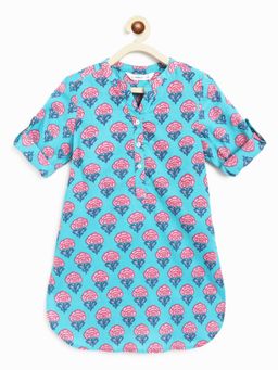 Campana - Girls Urvashi Kurta Majestic Flower Block print Turquoise