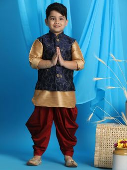 Vastramay - Boys Gold-navy Blue & Maroon Jacket With Kurta & Dhoti (Set of 3)