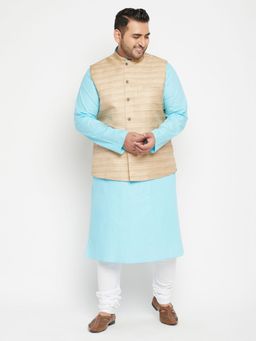 Vastramay - Men Aqua Blue Cotton Blend Jacket Kurta Churidar