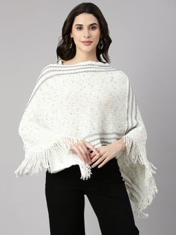 SHOWOFF - Women's Three-Quarter Sleeves Boat Neck Embellished White Poncho