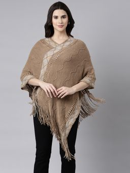 SHOWOFFFF - Women's Three-Quarter Sleeves V-Neck Chevron Brown Poncho