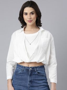 SHOWOFF - Women's Collared Off White Shirt Style Top with Attached Inner & Neck Chain