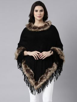 SHOWOFFFF - Women's Three-Quarter Sleeves Round Neck Solid Black Longline Poncho