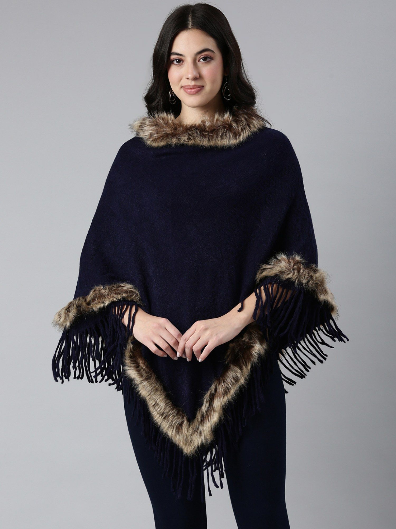 showoffff Women's Three-Quarter Sleeves High Neck Textured Navy Blue Longline Poncho-picture-43