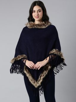 SHOWOFFFF - Women's Three-Quarter Sleeves High Neck Textured Navy Blue Longline Poncho
