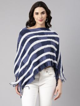 SHOWOFFFF - Women's Three-Quarter Sleeves Round Neck Woven Navy Blue Poncho