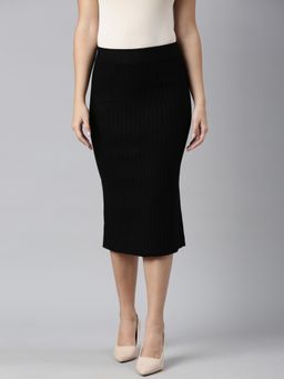 SHOWOFF - Women's Self Design Black Straight Midi Skirt