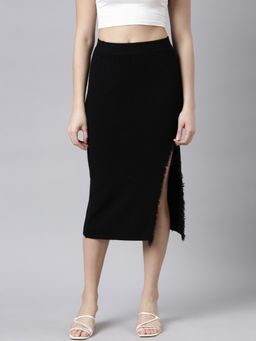 SHOWOFF - Women's Solid Black Straight Midi Skirt