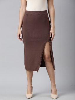 SHOWOFF - Women's Solid Brown Straight Midi Skirt