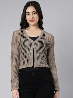 SHOWOFFFF - Women's Long Sleeves Self Design Straight Olive Crochet Shrug