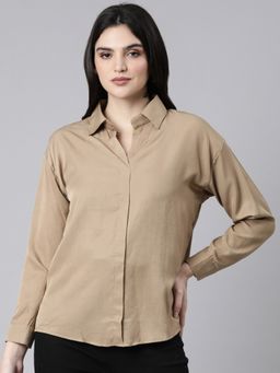 SHOWOFF - Women's Collared Solid Khaki Shirt Style Top