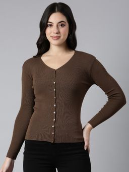 SHOWOFFFF - Women's Long Sleeves V-Neck Solid Brown Cardigan
