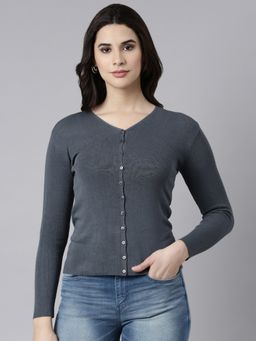 SHOWOFFFF - Women's Long Sleeves V-Neck Solid Grey Cardigan