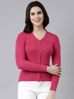 SHOWOFFFF - Women's Long Sleeves V-Neck Solid Pink Cardigan
