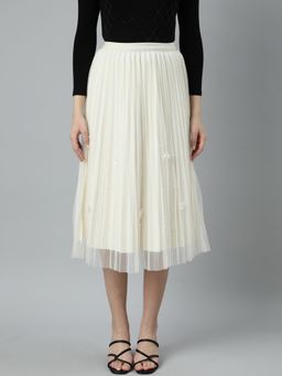 SHOWOFFFF - Women's Solid Flared Cream Midi Skirt