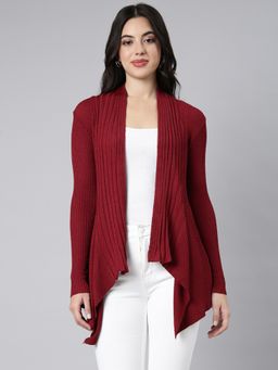 SHOWOFFFF - Women's Long Sleeves Solid Asymmetric Maroon Longline Shrug