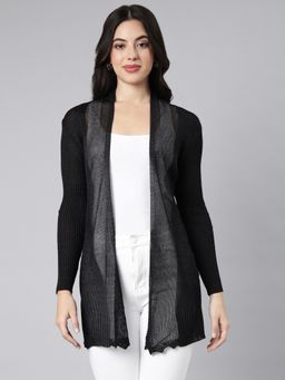 SHOWOFF - Women's Long Sleeves Self Design Asymmetric Black Longline Shrug