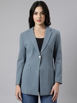 SHOWOFFFF - Women's Long Sleeves Notched Lapel Teal Single-Breasted Longline Blazer