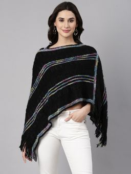 SHOWOFFFF - Women's Three-Quarter Sleeves Boat Neck Striped Black Poncho