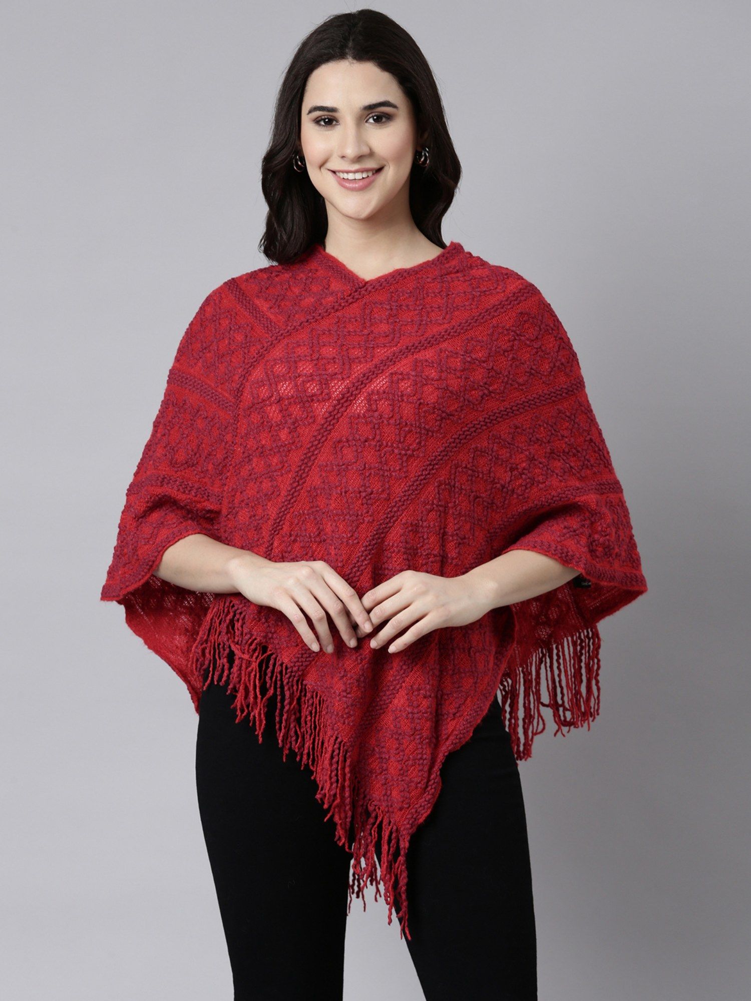 showoffff Women's Three-Quarter Sleeves Boat Neck Self Design Red Poncho-picture-25