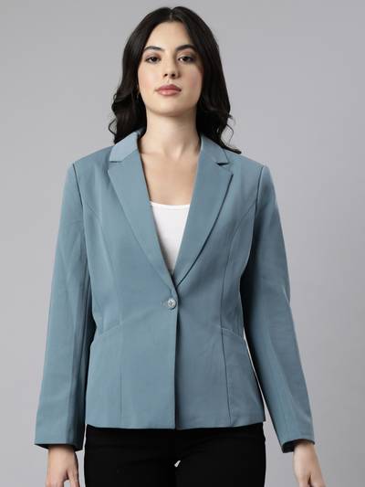 Women's Long Sleeves Notched Lapel Sea Green Single-Breasted Blazer