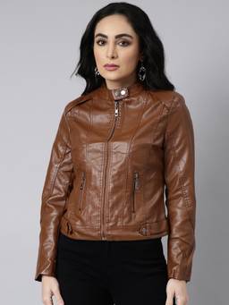 SHOWOFFFF - Women's Long Sleeves Solid Mandarin Collar Brown Biker Jacket