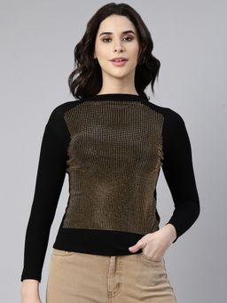 SHOWOFF - Women's High Neck Embellished Black Top