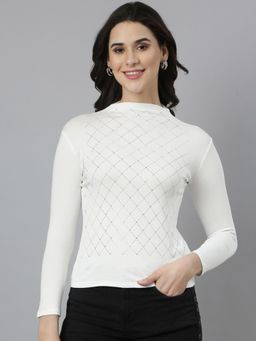 SHOWOFF - Women's High Neck Embellished Off White Top