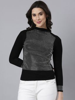 SHOWOFFFF - Women's High Neck Embellished Black Top