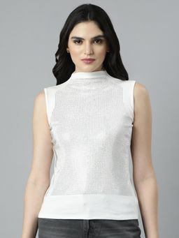 SHOWOFF - Women's High Neck Solid Off White Top