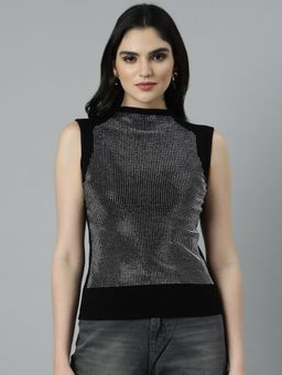 SHOWOFF - Women's High Neck Solid Black Top
