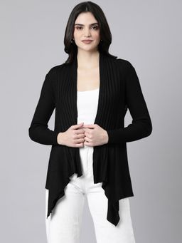 SHOWOFFFF - Women's Long Sleeves Solid Asymmetric Black Longline Shrug