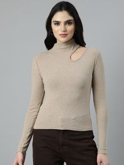 SHOWOFF - Women's High Neck Solid Beige Top
