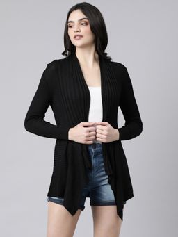 SHOWOFF - Women's Long Sleeves Solid Asymmetric Black Longline Shrug