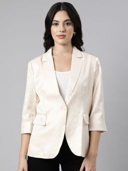 SHOWOFFFF - Women's Three-Quarter Sleeves Notched Lapel Beige Single-Breasted Blazer