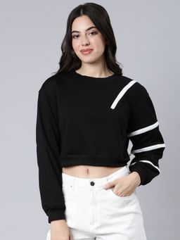 SHOWOFFFF - Women's Long Sleeves Round Neck Solid Black Crop Sweatshirt