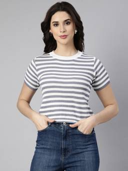 SHOWOFFFF - Women's Round Neck Striped Grey Crop Top