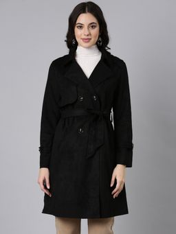 SHOWOFF - Women's Solid Longline Lapel Collar Black Trench Coat with Belt (Set of 2)